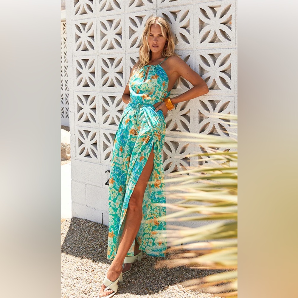 Lé Salty Label Bianca Maxi Dress Cutaway Teal Tropical Floral Green Blue SZ M - Picture 2 of 10